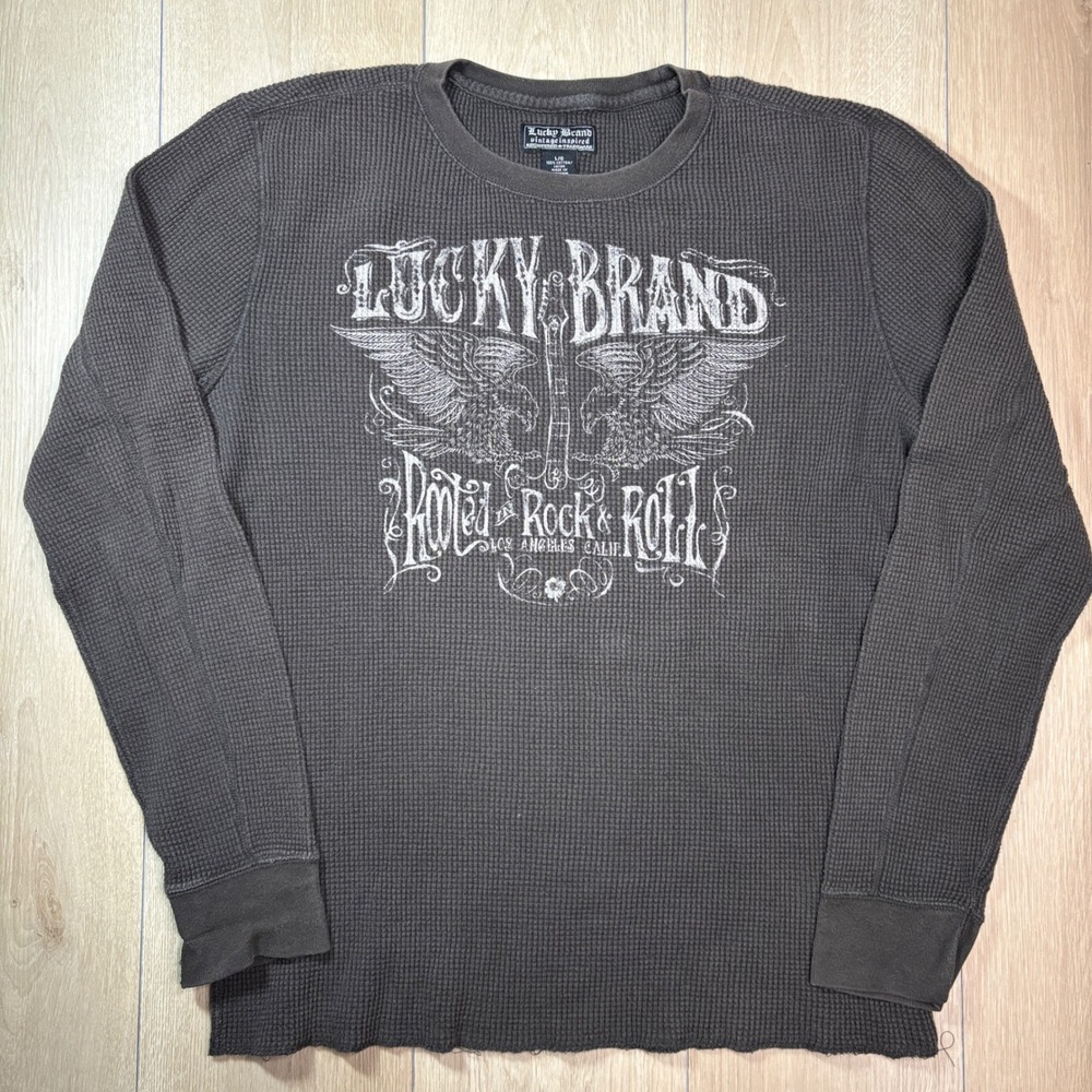 Lucky Brand Mens Large Gray Waffle Knit Thermal Rooted in Rock & Roll Y2K Shirt